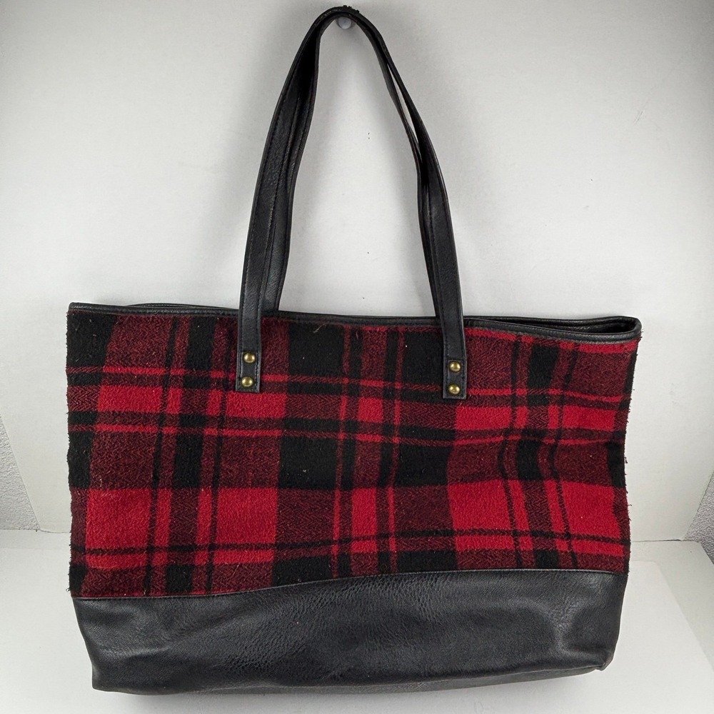 GH Bass Red Flannel Black Buffalo Plaid Large Tote Bag Faux Leather Shoulder